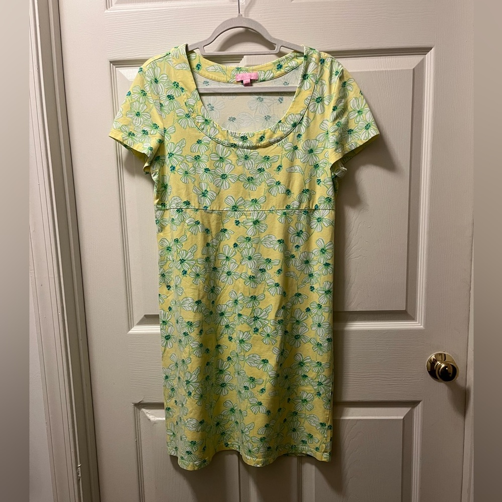 Lilly Pulitzer Yellow and Green Floral Dress Beachy Preppy Size M